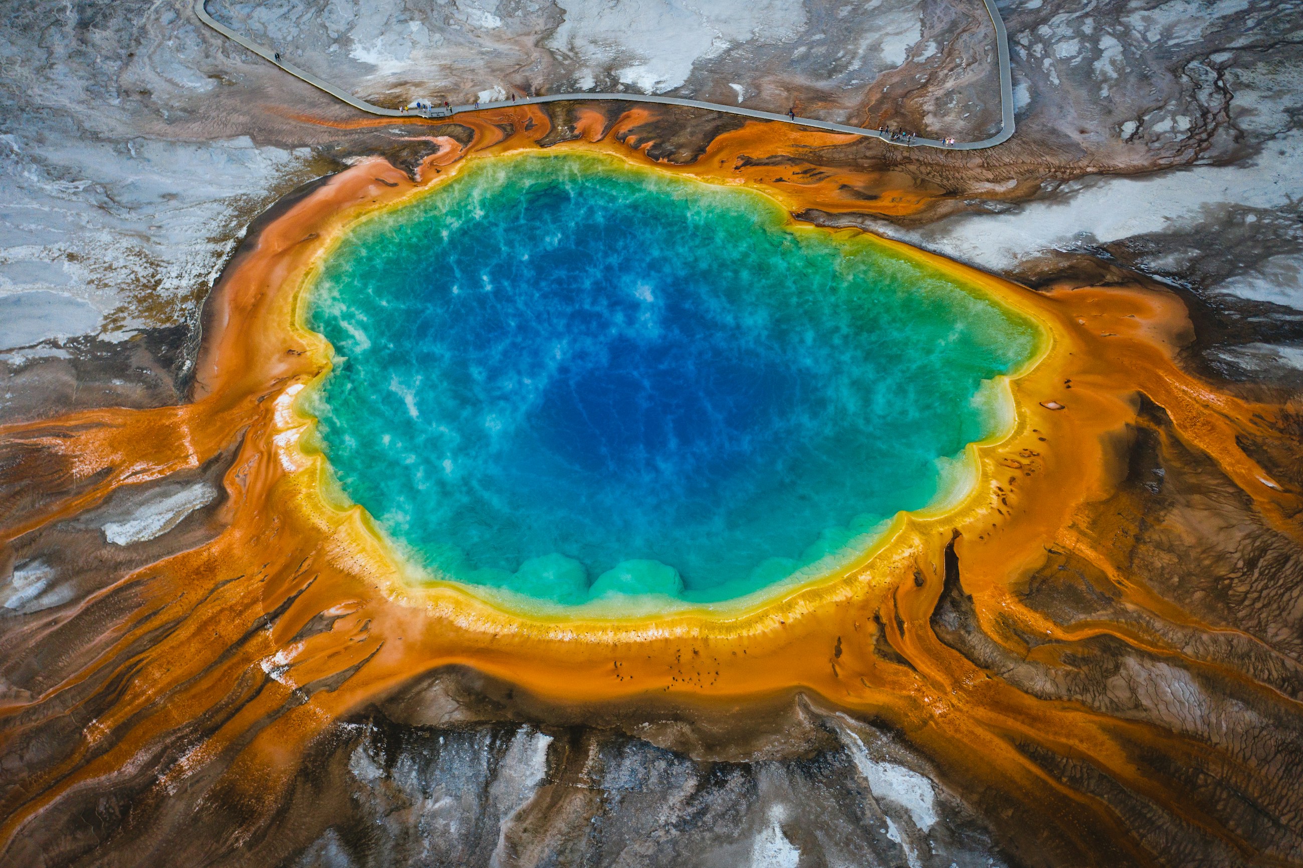 Aerial view of the Grand Prismatic Spring in Yellowstone National Park